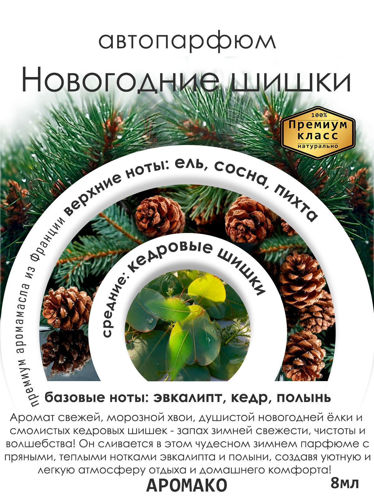 Подвесной автопарфюм «Ароматизатор Для Автомобиля Новогодние Шишки / Парфюм Для Дома И Офиса / Сувенир Aromako» — 8 мл