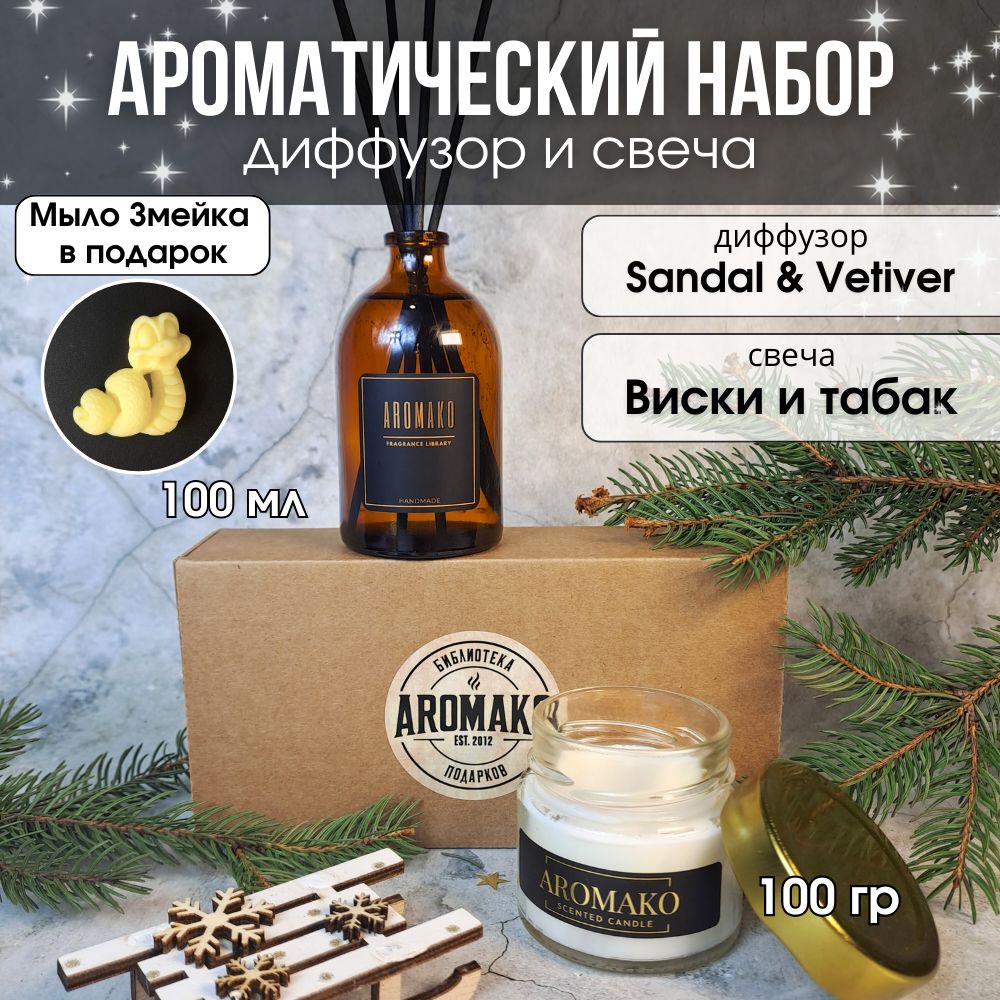 Подарочный набор AromaKo «Сандал и ветивер + Виски и табак», диффузор + свеча