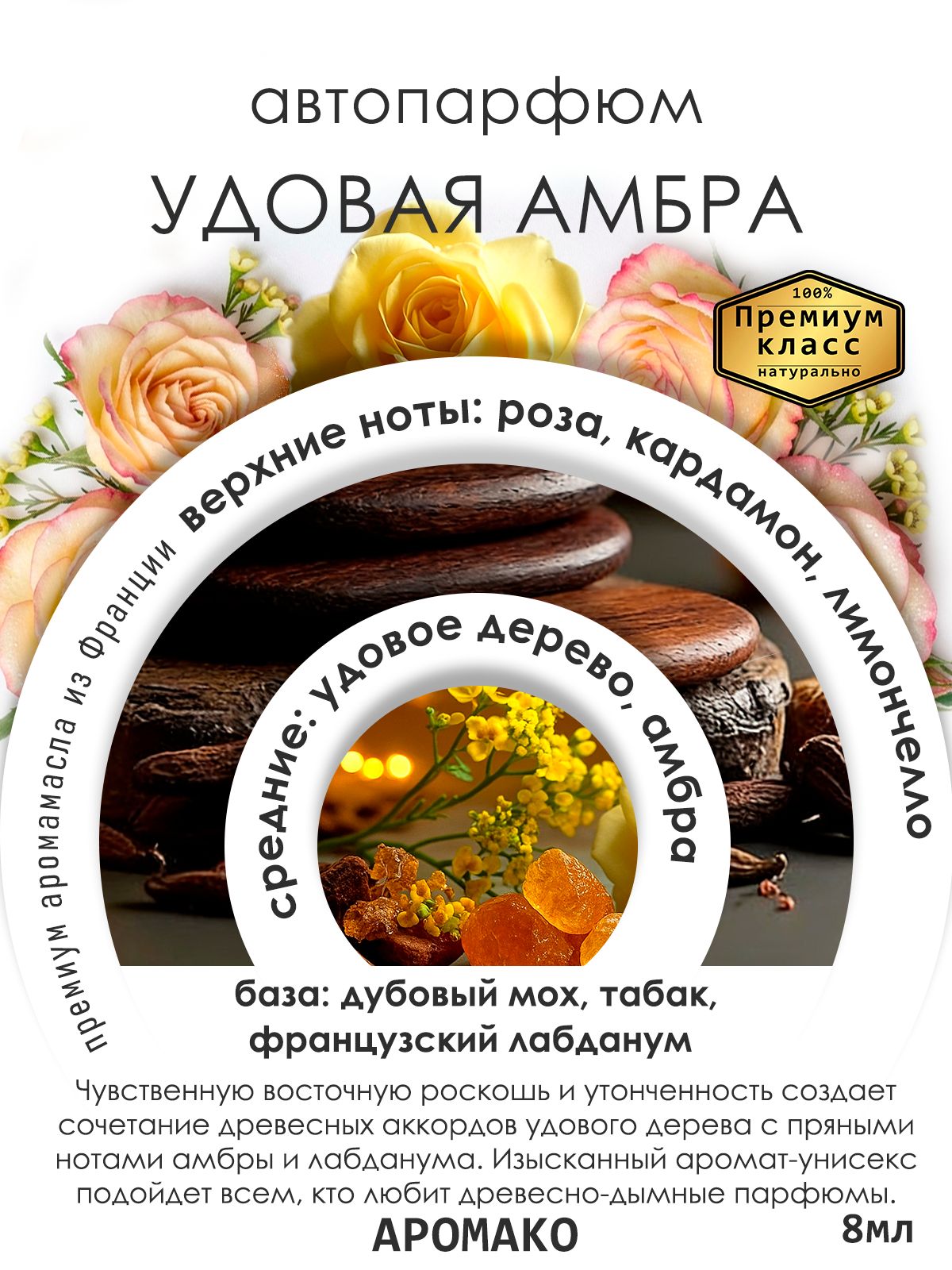 Подвесной автопарфюм «Ароматизатор Для Автомобиля Удовая Амбра / Парфюм Для Дома И Офиса / Освежитель Aromako» — 8 мл