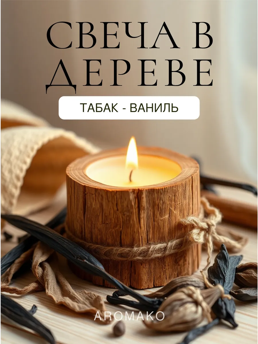 Аромасвеча AromaKo «Табак и ваниль» в дереве, 150 г