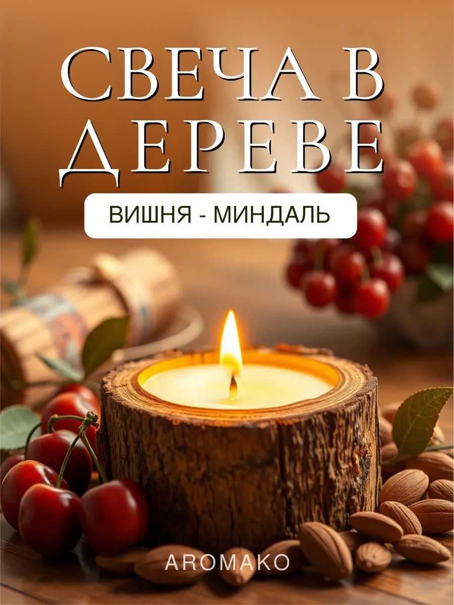 Аромасвеча AromaKo «Вишня и миндаль» в дереве, 150 г