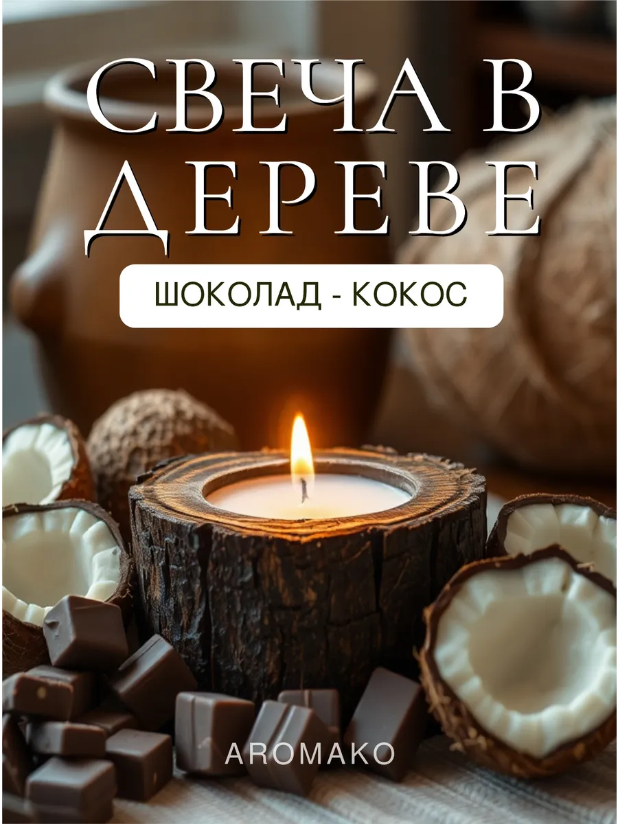 Аромасвеча AromaKo «Шоколад и кокос» в дереве, 150 г
