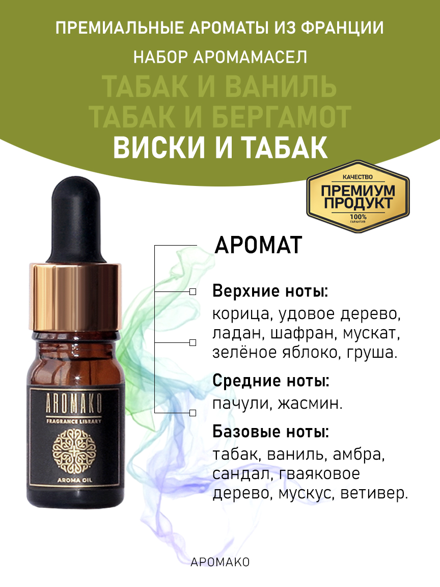 Подарочный набор аромамасел AromaKo «Табак и Ваниль + Табак и Бергамот + Виски и Табак», 3 шт. по 5 мл