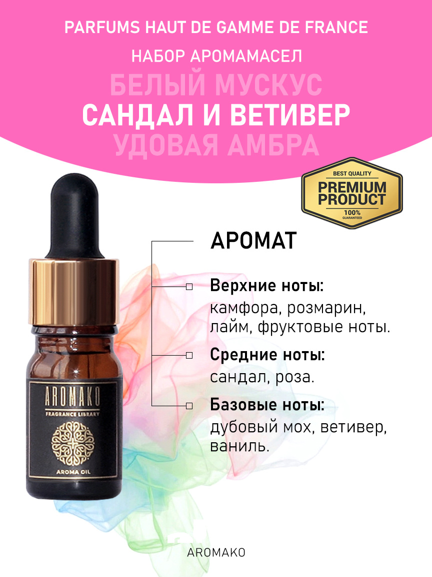 Подарочный набор аромамасел «Белый мускус + Сандал и ветивер + Удовая амбра», 3 × 5 мл