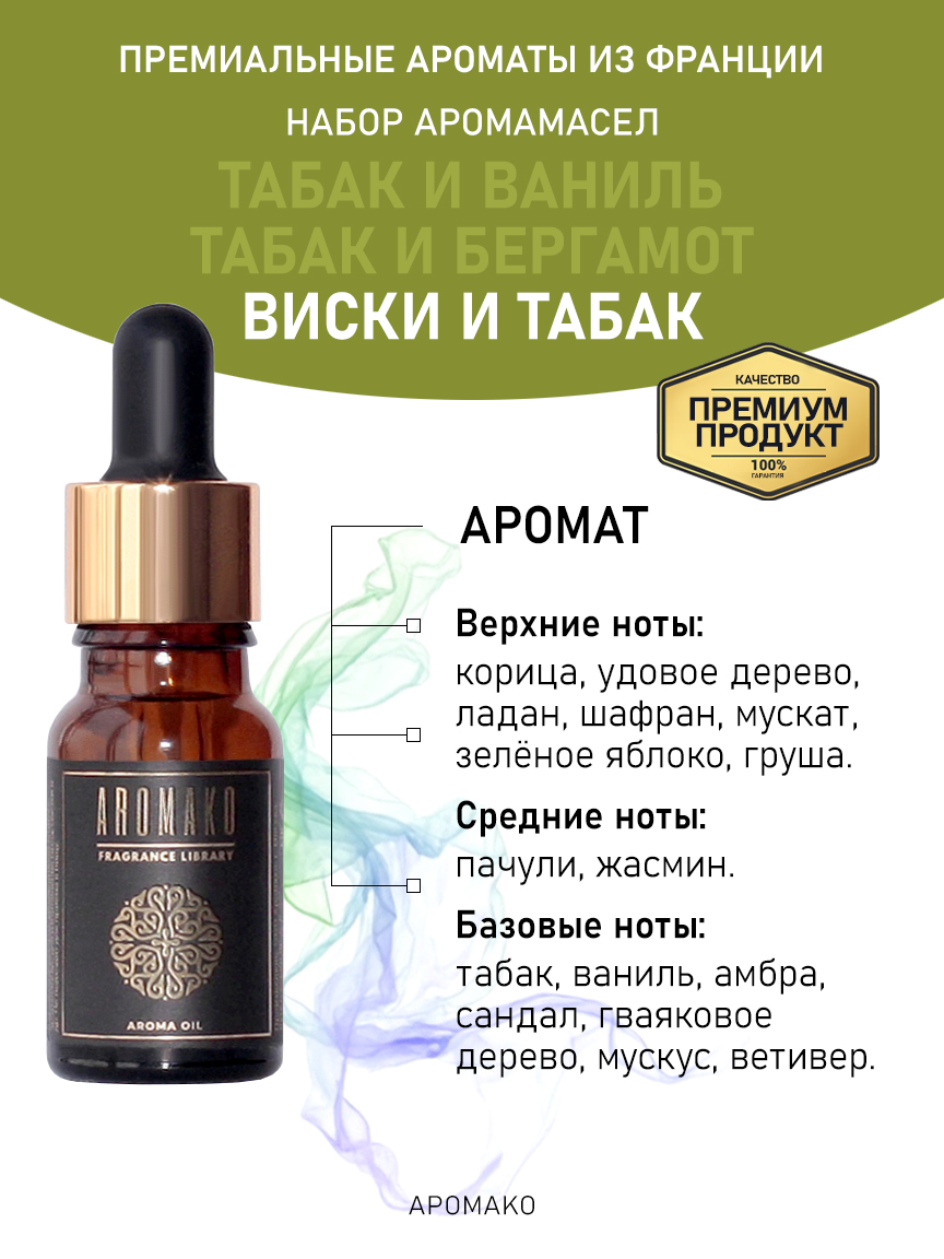 Подарочный набор аромамасел AromaKo «Табак и Ваниль + Табак и Бергамот + Виски и Табак», 3 шт. по 10 мл