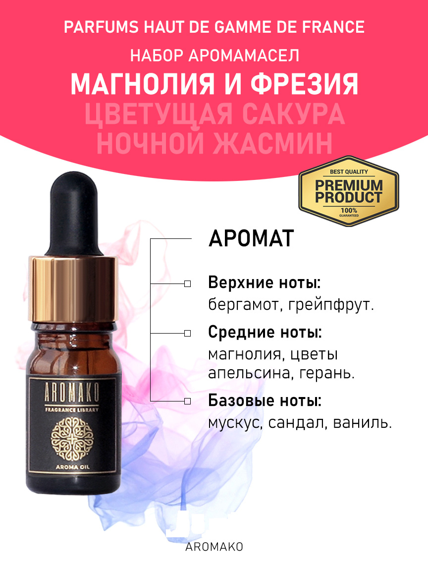 Подарочный набор аромамасел «Магнолия и фрезия + Цветущая сакура + Ночной жасмин», 3 × 5 мл